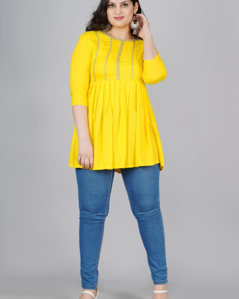 Rayon Yellow Round Neck Tunics Top Regular Wear For Womens - Image 6