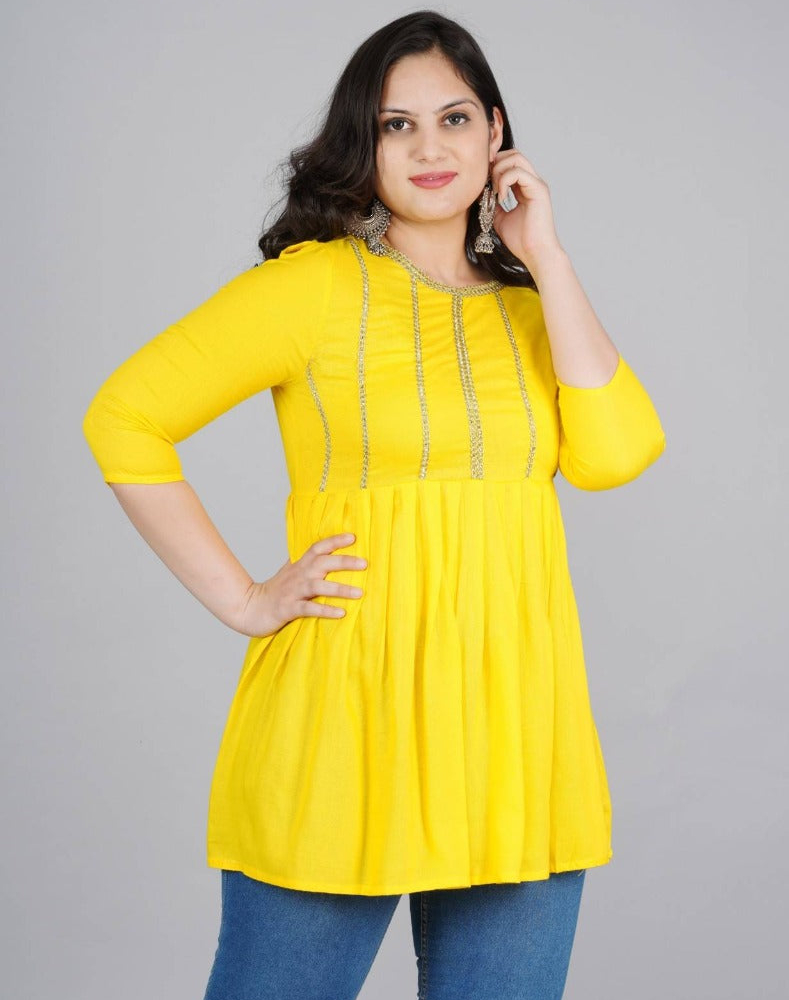 Rayon Yellow Round Neck Tunics Top Regular Wear For Womens