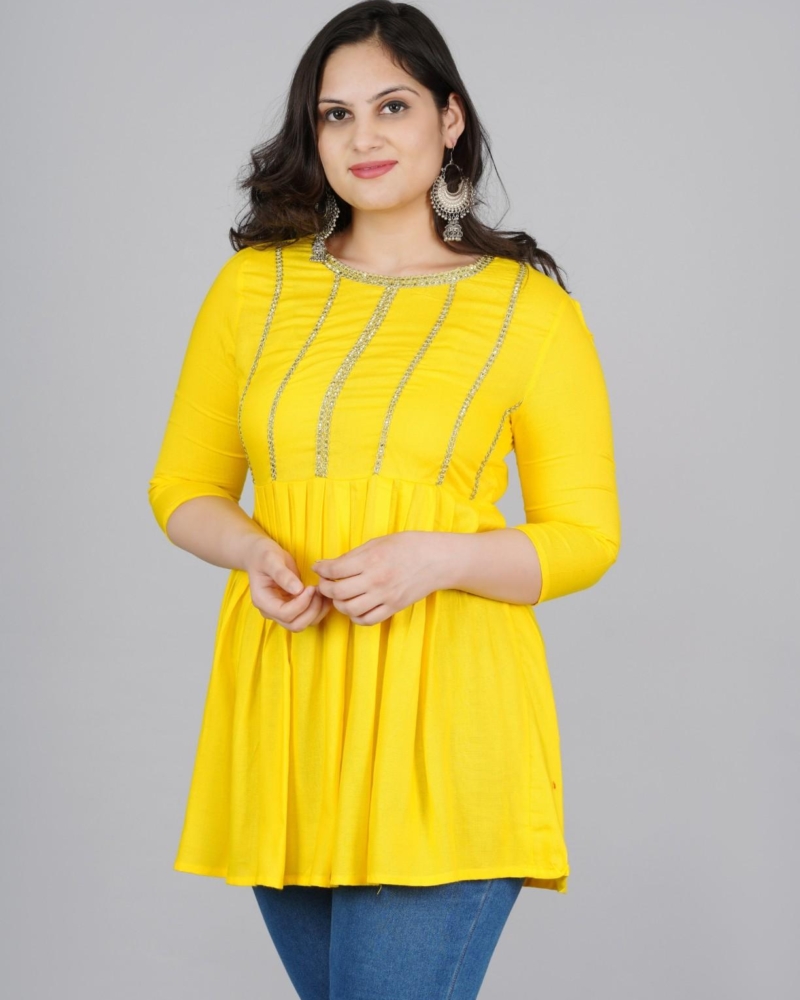 Rayon Yellow Round Neck Tunics Top Regular Wear For Womens - Image 3