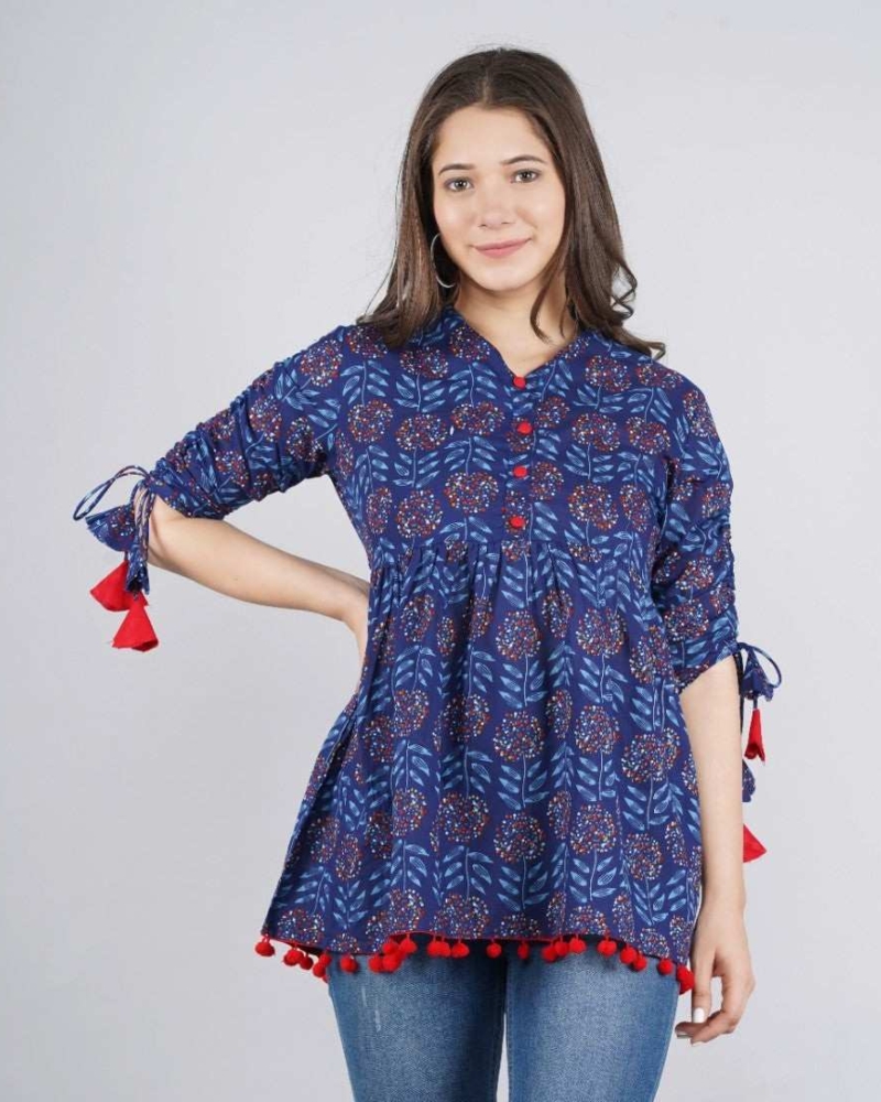 Women's Cotton Printed Casual Regular Wear Tops with Tasseles #T3 - Image 12