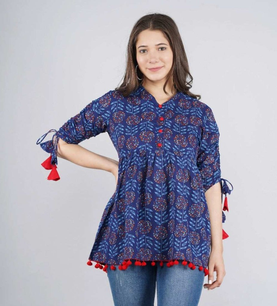 Women’s Cotton Printed Casual Regular Wear Tops with Tasseles #T1