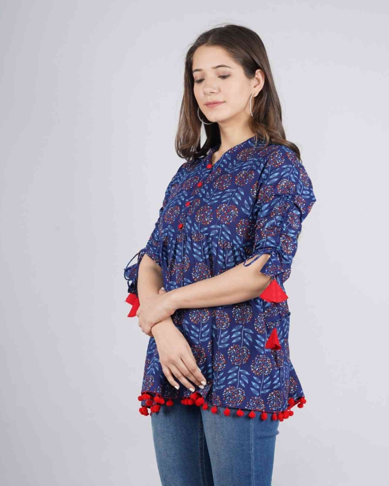 Women's Cotton Printed Casual Regular Wear Tops with Tasseles #T2 - Image 9