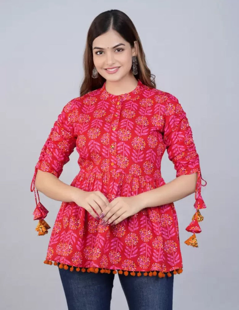 Women's Cotton Printed Casual Regular Wear Tops with Tasseles #T3