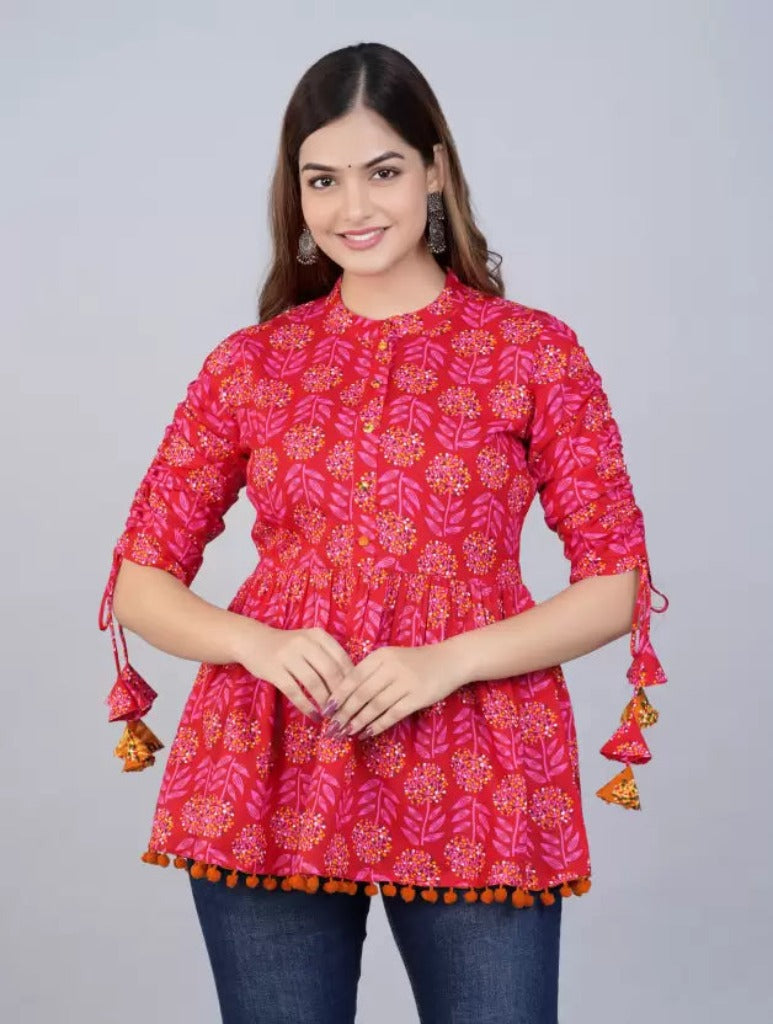 Women’s Cotton Printed Casual Regular Wear Tops with Tasseles #T3