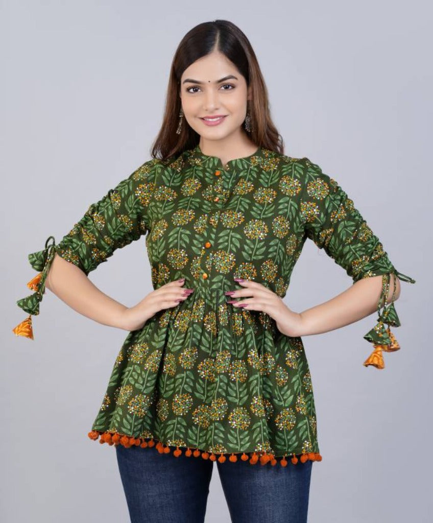 Women’s Cotton Printed Casual Regular Wear Tops with Tasseles #T5