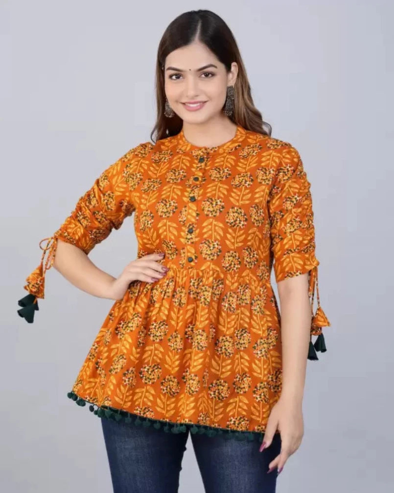 Women's Cotton Printed Casual Regular Wear Tops with Tasseles #T2