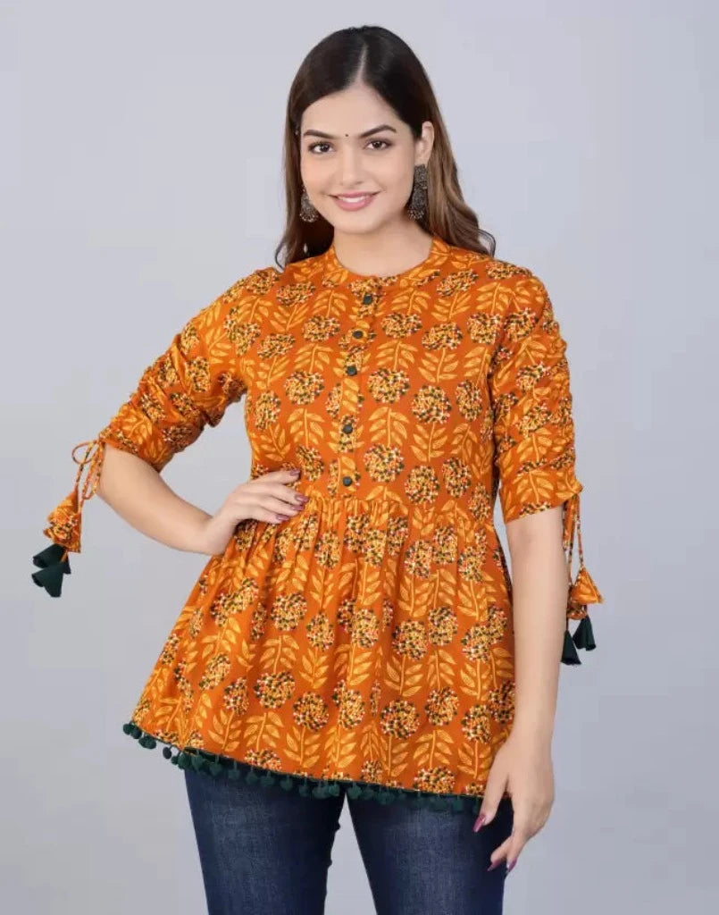 Women’s Cotton Printed Casual Regular Wear Tops with Tasseles #T2