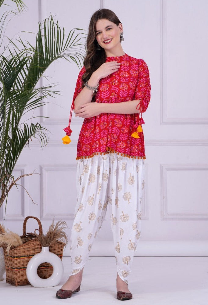 Pink Mandarin Coller Pure Cotton Womens Ethnic Printed Party Wear Kurta and Dhoti Pant Set