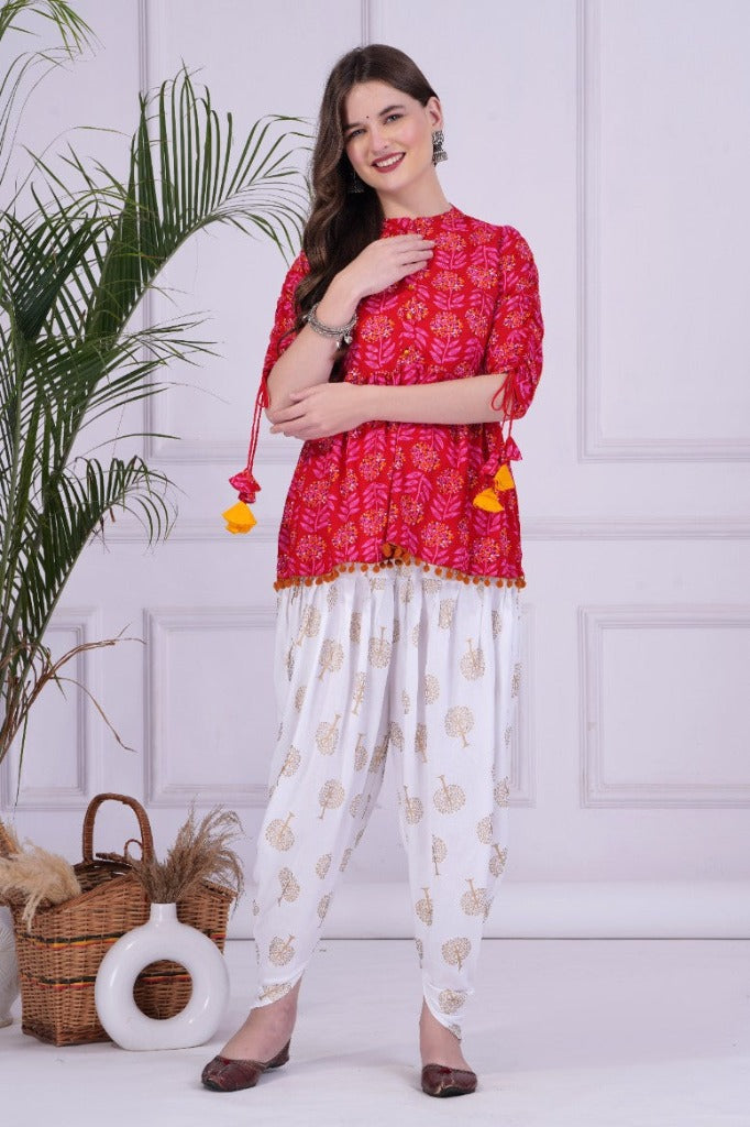 Pink Mandarin Coller Pure Cotton Womens Ethnic Printed Party Wear Kurta and Dhoti Pant Set