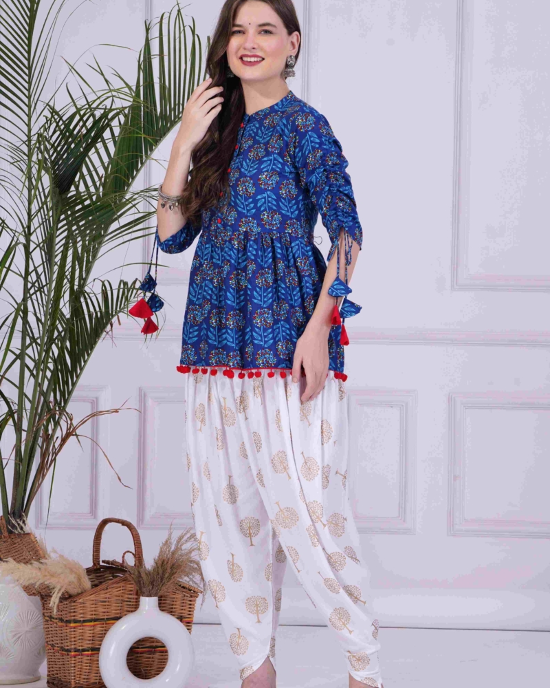 Blue Mandarin Coller Pure Cotton Womens Ethnic Printed Party Wear Kurta and Dhoti Pant Set - Image 3