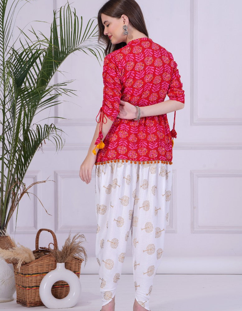 Pink Mandarin Coller Pure Cotton Womens Ethnic Printed Party Wear Kurta and Dhoti Pant Set - Image 2