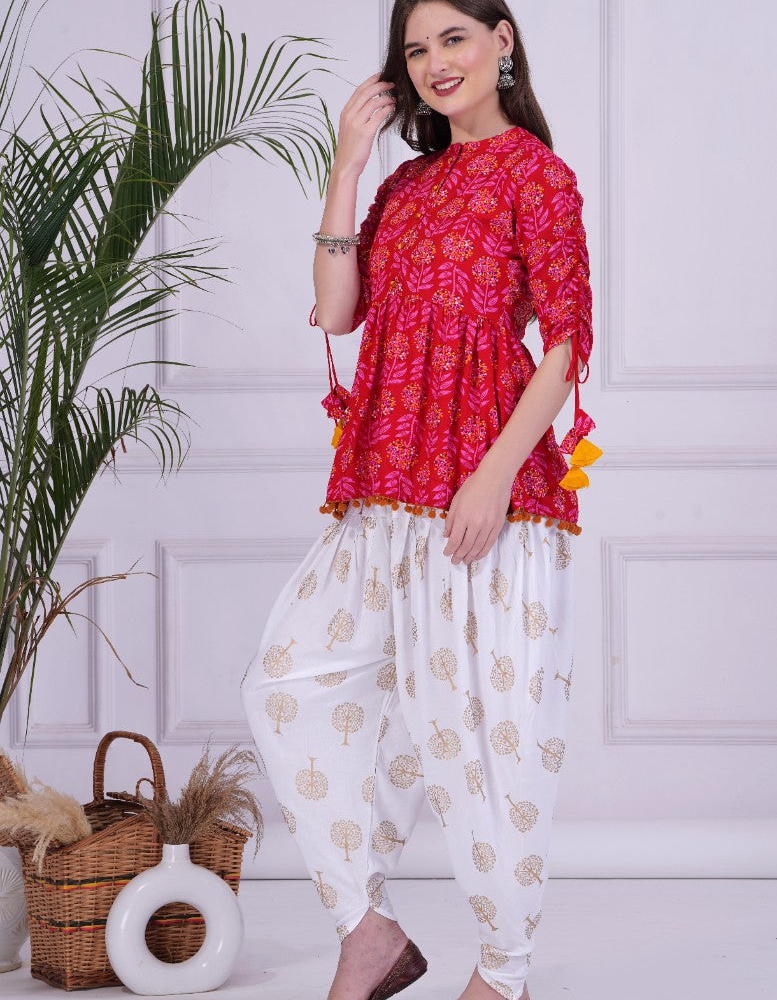 Pink Mandarin Coller Pure Cotton Womens Ethnic Printed Party Wear Kurta and Dhoti Pant Set - Image 3