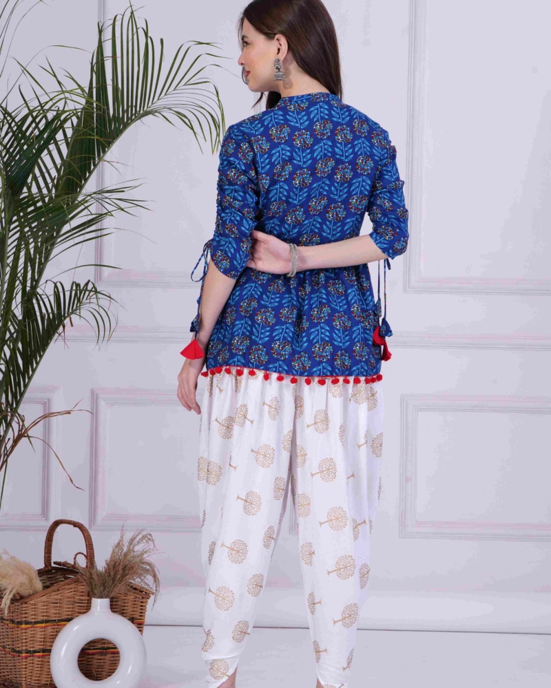 Blue Mandarin Coller Pure Cotton Womens Ethnic Printed Party Wear Kurta and Dhoti Pant Set - Image 2