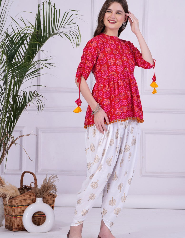 Pink Mandarin Coller Pure Cotton Womens Ethnic Printed Party Wear Kurta and Dhoti Pant Set - Image 5