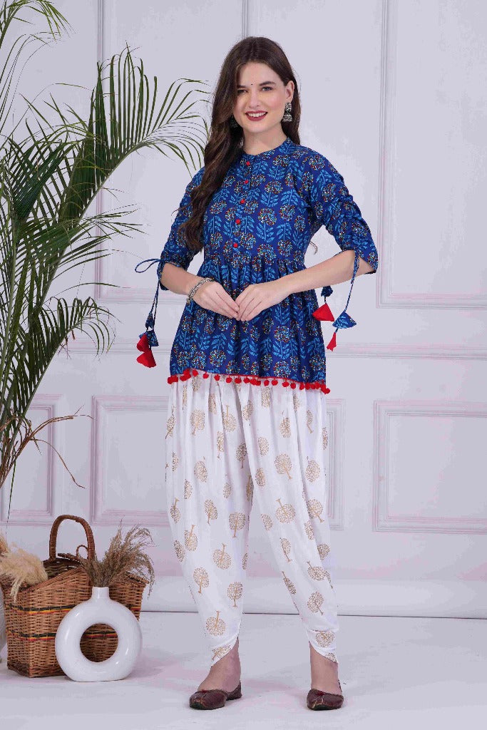 Blue Mandarin Coller Pure Cotton Womens Ethnic Printed Party Wear Kurta and Dhoti Pant Set