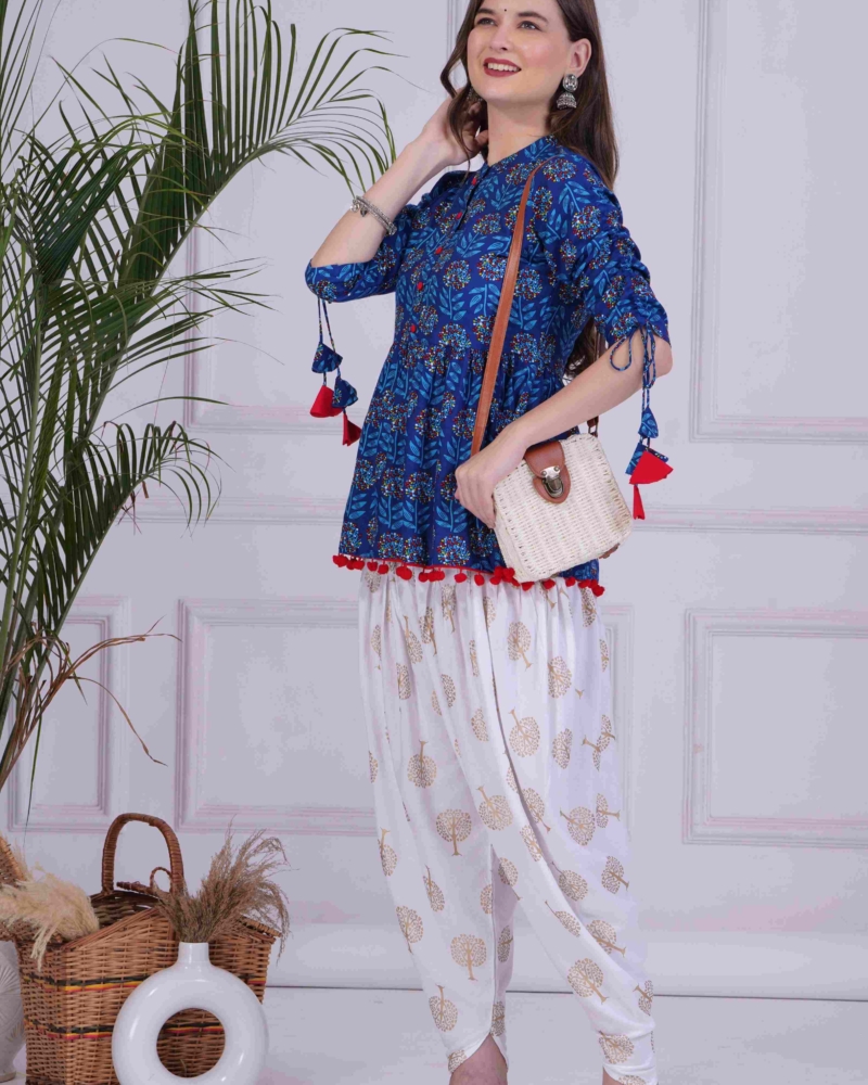 Blue Mandarin Coller Pure Cotton Womens Ethnic Printed Party Wear Kurta and Dhoti Pant Set - Image 4