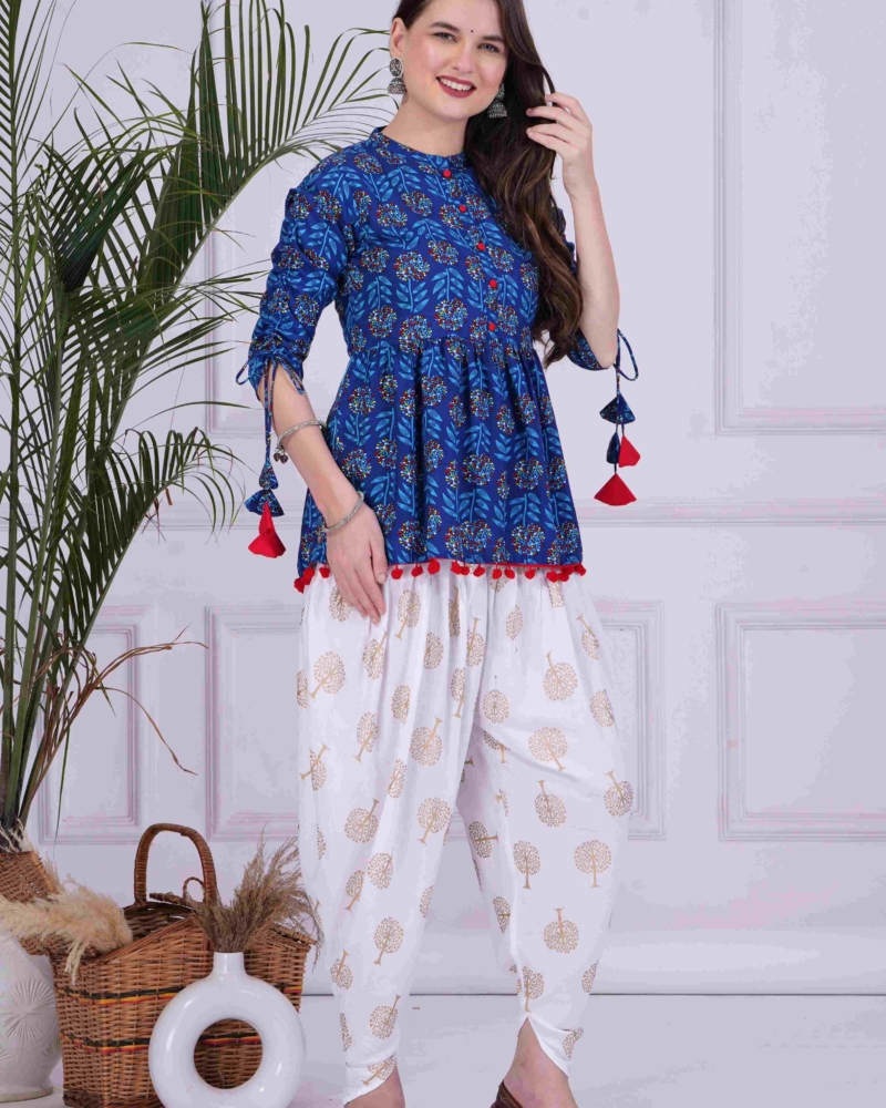 Blue Mandarin Coller Pure Cotton Womens Ethnic Printed Party Wear Kurta and Dhoti Pant Set - Image 5