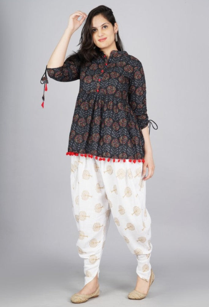 Black  Mandarin Coller Pure Cotton Womens Ethnic Printed Party Wear Kurta and Dhoti Pant Set