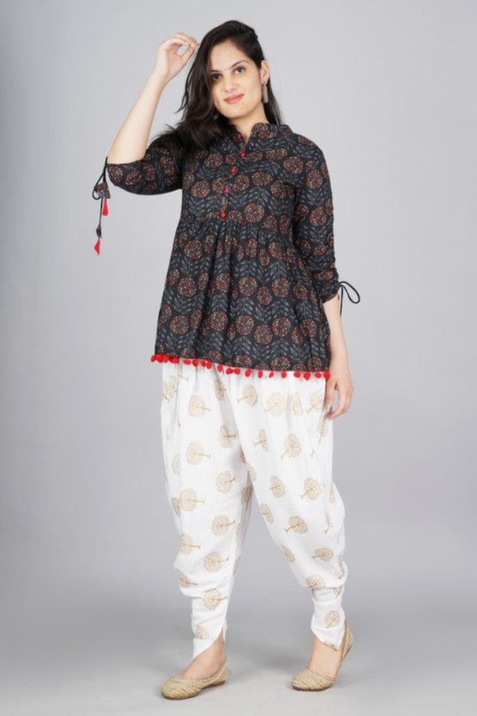 Black  Mandarin Coller Pure Cotton Womens Ethnic Printed Party Wear Kurta and Dhoti Pant Set