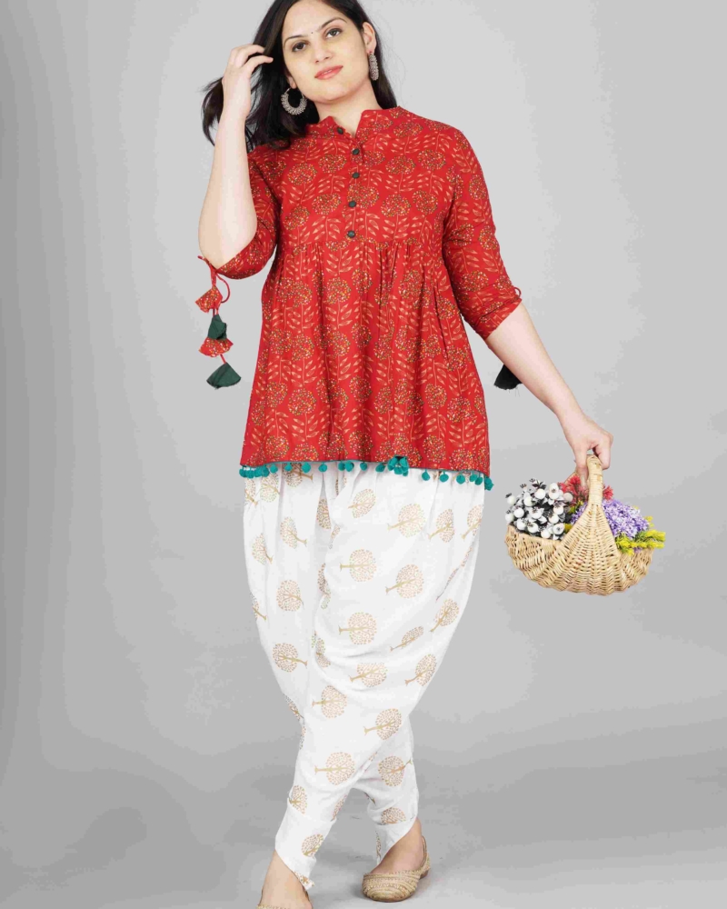 Maroon Mandarin Coller Pure Cotton Womens Ethnic Printed Party Wear Kurta and Dhoti Pant Set - Image 5