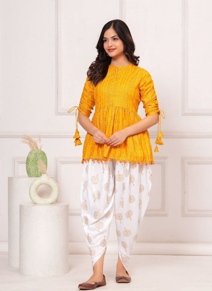 Cotton Ethnic Printed Kurta with tassels and Dhoti Pant Set #02