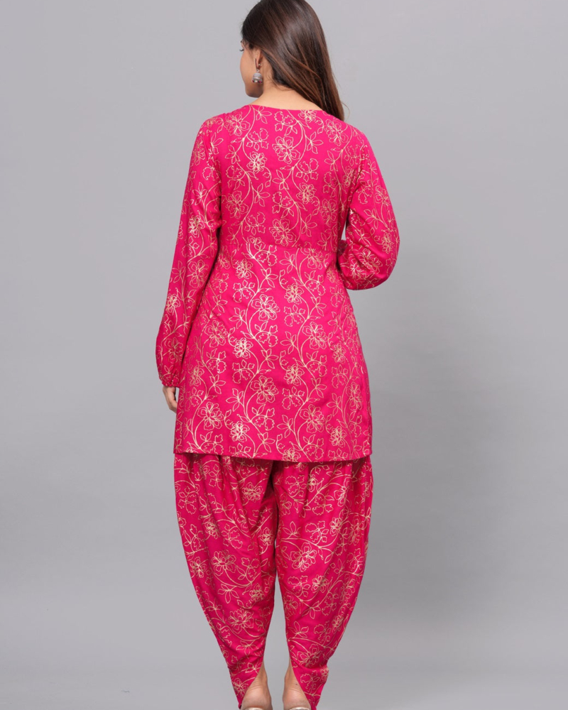 Dark Pink Mandarin Collar Pure Cotton Women's Ethnic Printed Party Wear Kurta and Dhoti Pant Set - Image 5