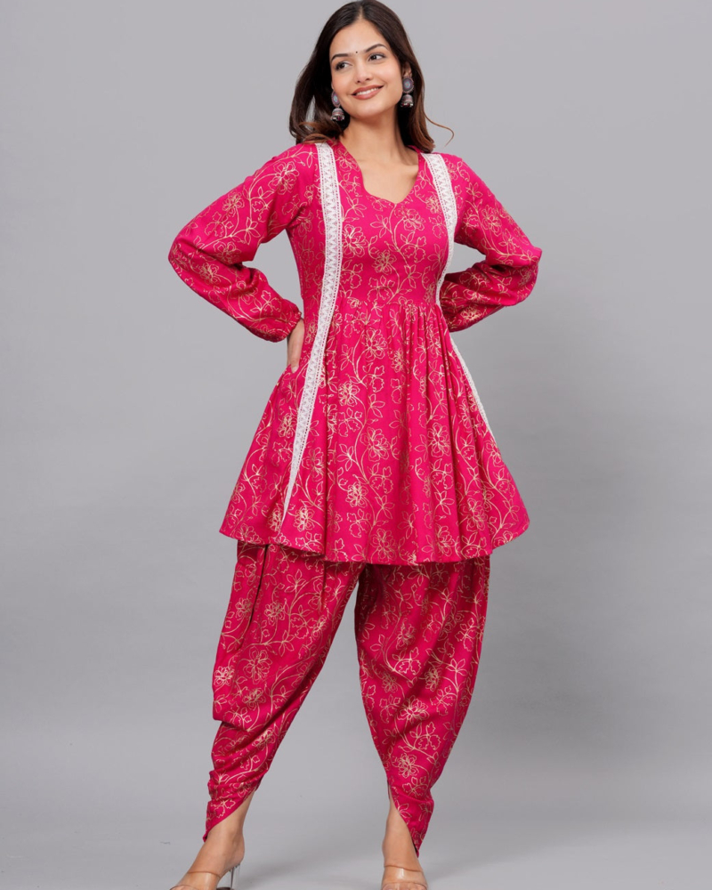 Dark Pink Mandarin Collar Pure Cotton Women's Ethnic Printed Party Wear Kurta and Dhoti Pant Set - Image 3