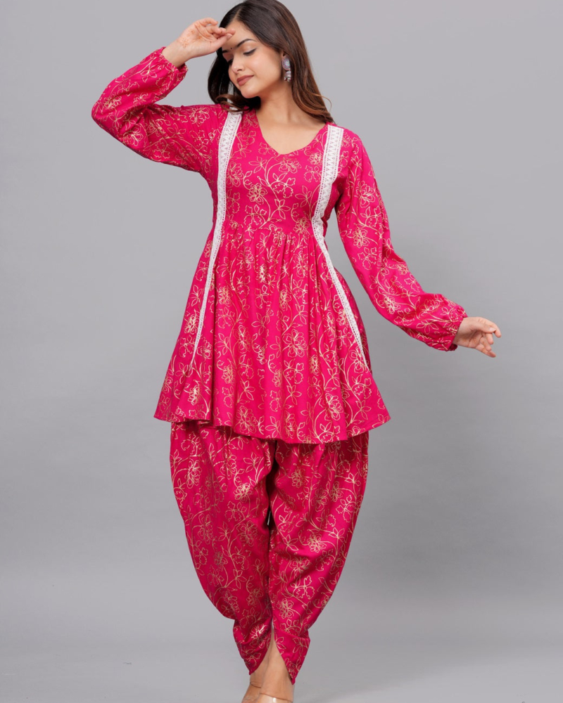 Dark Pink Mandarin Collar Pure Cotton Women's Ethnic Printed Party Wear Kurta and Dhoti Pant Set - Image 4