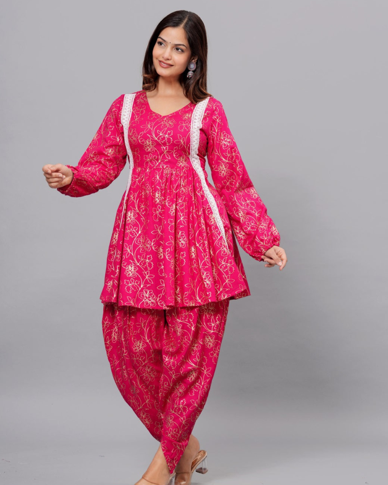 Dark Pink Mandarin Collar Pure Cotton Women's Ethnic Printed Party Wear Kurta and Dhoti Pant Set - Image 6