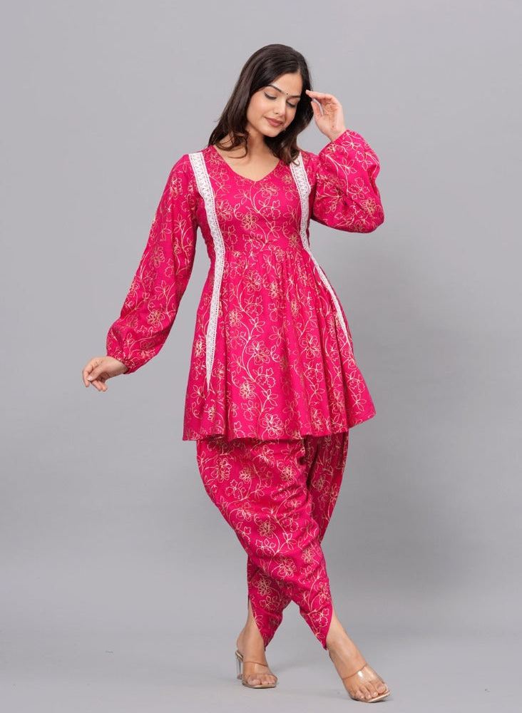 Dark Pink Mandarin Collar Pure Cotton Women's Ethnic Printed Party Wear Kurta and Dhoti Pant Set