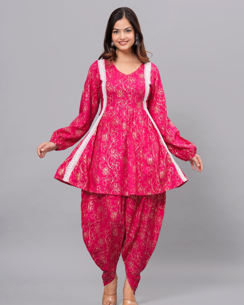 Dark Pink Mandarin Collar Pure Cotton Women's Ethnic Printed Party Wear Kurta and Dhoti Pant Set - Image 7