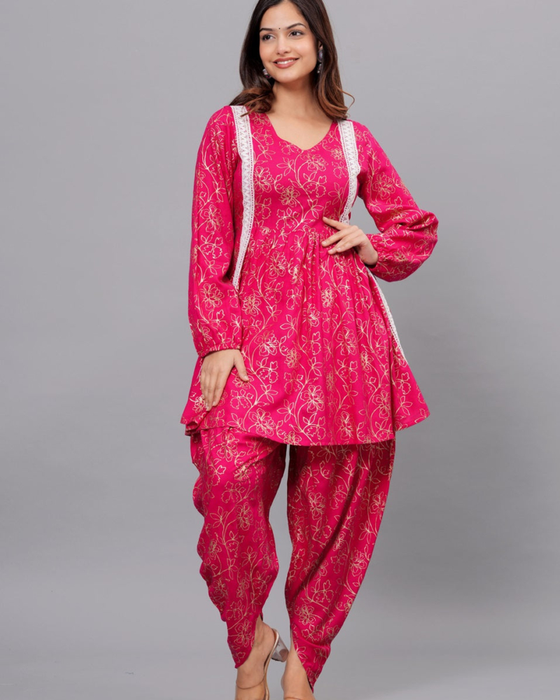 Dark Pink Mandarin Collar Pure Cotton Women's Ethnic Printed Party Wear Kurta and Dhoti Pant Set - Image 8