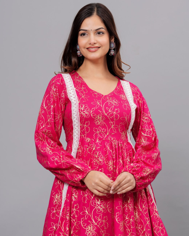 Dark Pink Mandarin Collar Pure Cotton Women's Ethnic Printed Party Wear Kurta and Dhoti Pant Set - Image 9