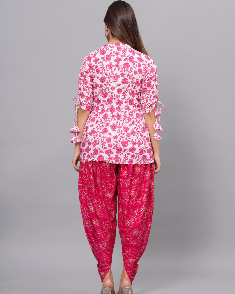 Pink Mandarin Collar Pure Cotton Women's Ethnic Printed Party Wear Kurta and Dhoti Pant Set - Image 7