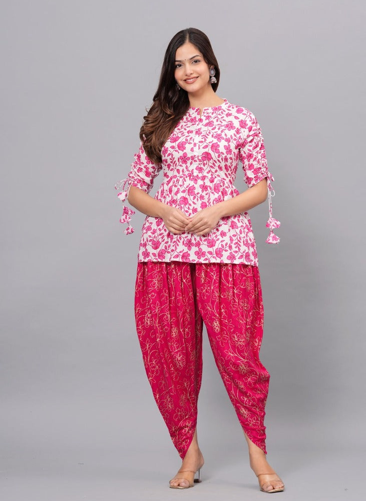 Pink Mandarin Collar Pure Cotton Women's Ethnic Printed Party Wear Kurta and Dhoti Pant Set