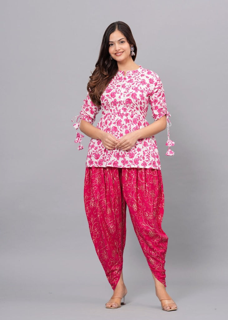 Pink Mandarin Collar Pure Cotton Women’s Ethnic Printed Party Wear Kurta and Dhoti Pant Set