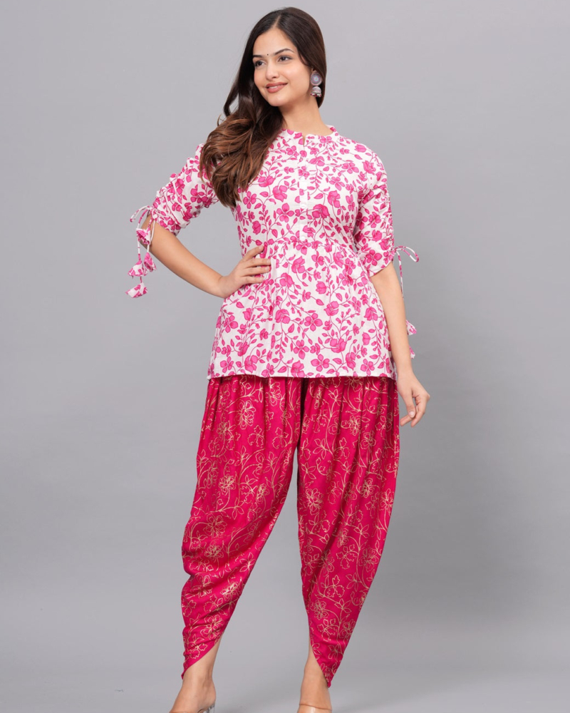 Pink Mandarin Collar Pure Cotton Women's Ethnic Printed Party Wear Kurta and Dhoti Pant Set - Image 4