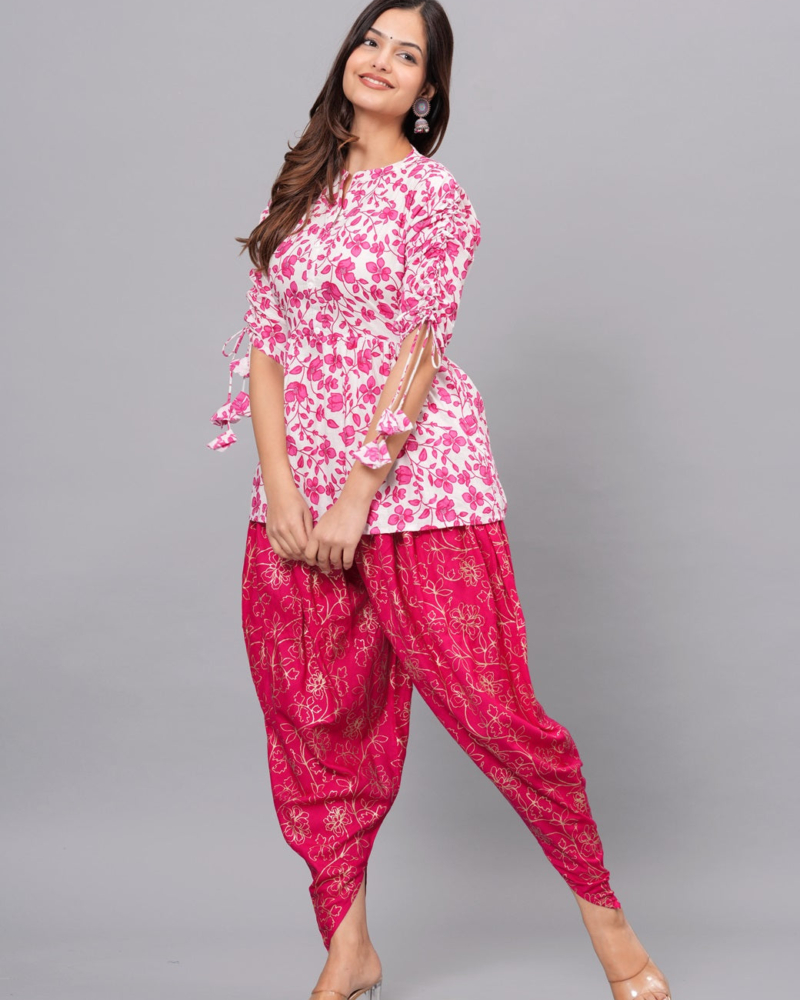 Pink Mandarin Collar Pure Cotton Women's Ethnic Printed Party Wear Kurta and Dhoti Pant Set - Image 3