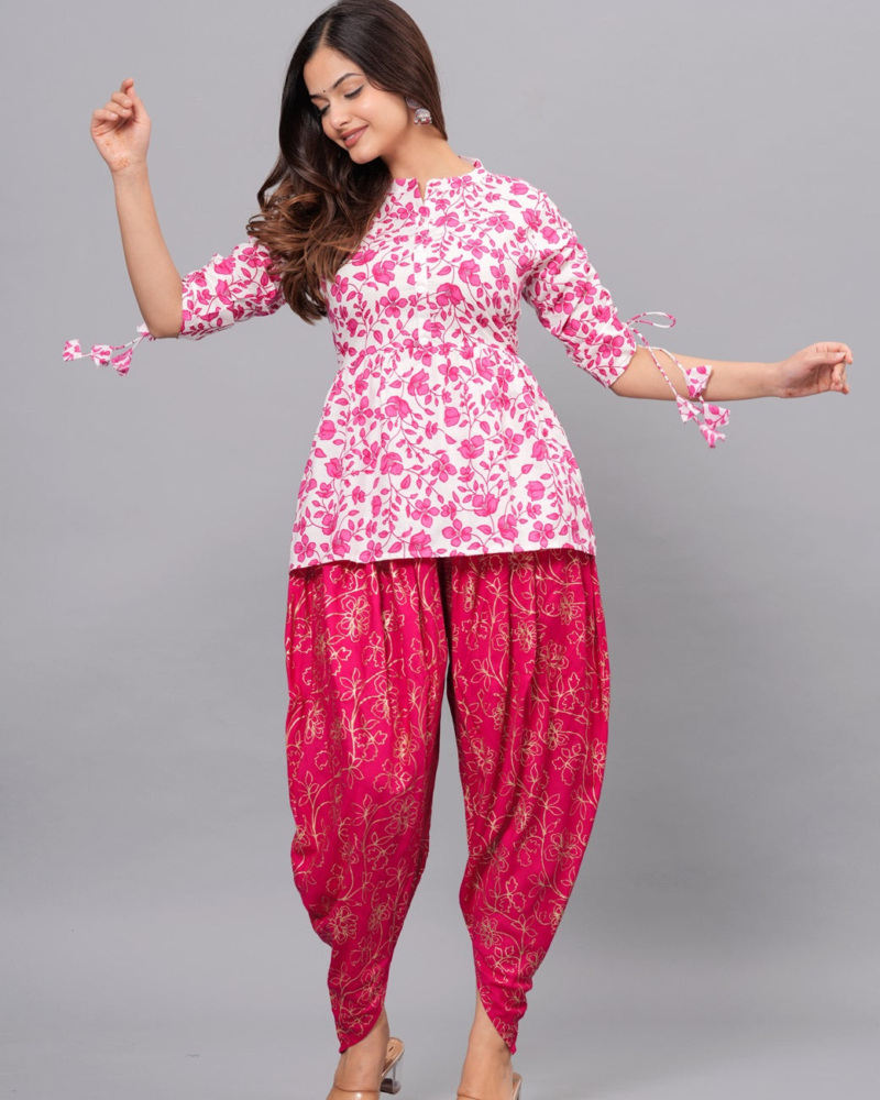 Pink Mandarin Collar Pure Cotton Women's Ethnic Printed Party Wear Kurta and Dhoti Pant Set - Image 5