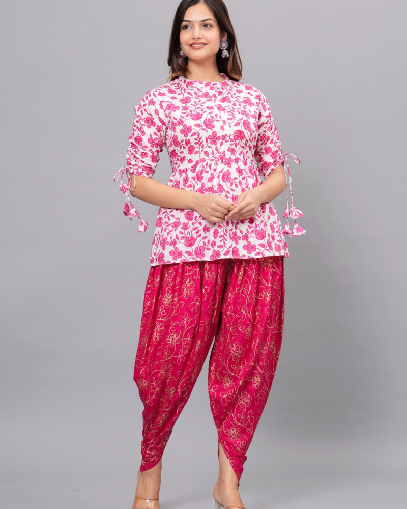 Pink Mandarin Collar Pure Cotton Women's Ethnic Printed Party Wear Kurta and Dhoti Pant Set - Image 2