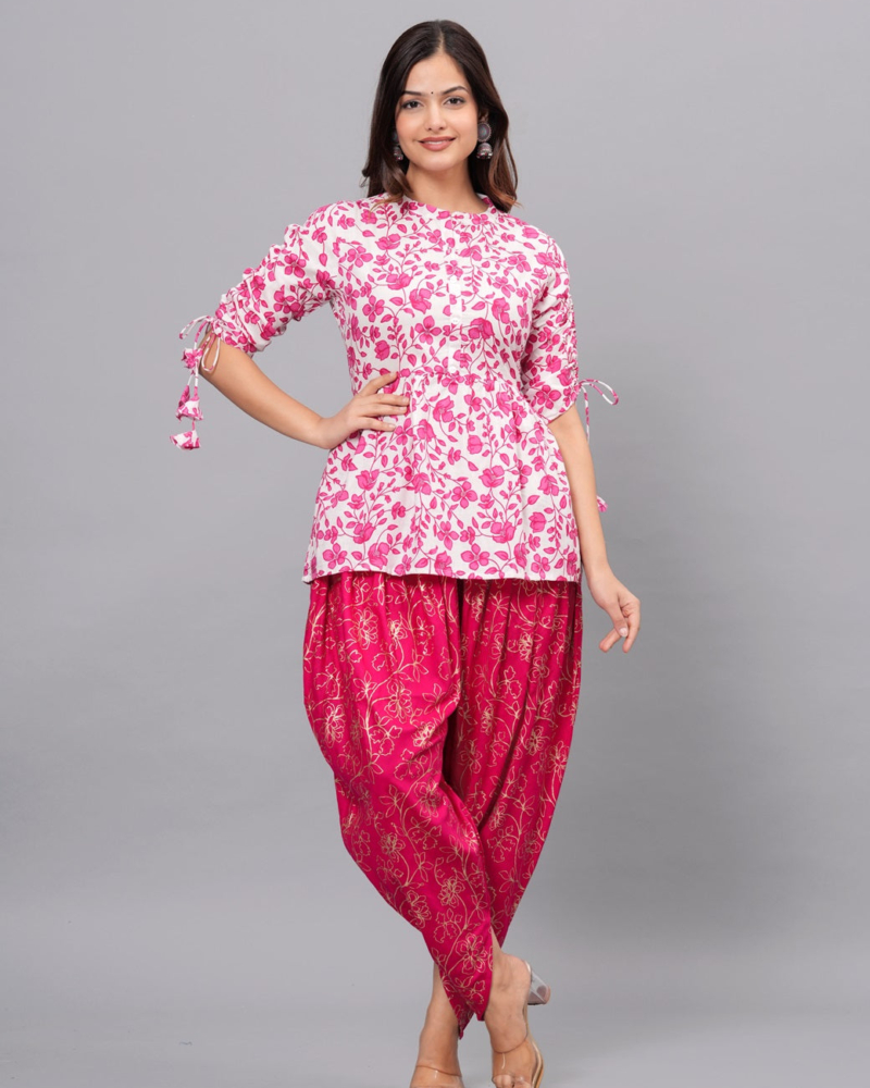 Pink Mandarin Collar Pure Cotton Women's Ethnic Printed Party Wear Kurta and Dhoti Pant Set - Image 8