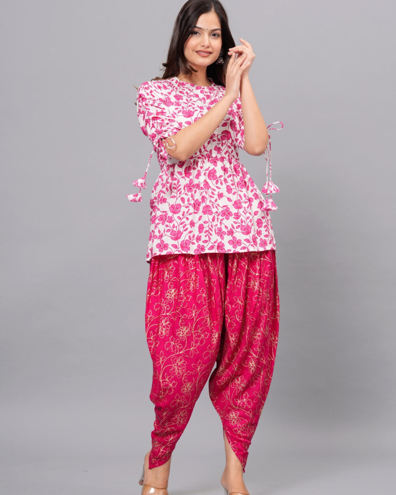 Pink Mandarin Collar Pure Cotton Women's Ethnic Printed Party Wear Kurta and Dhoti Pant Set - Image 9