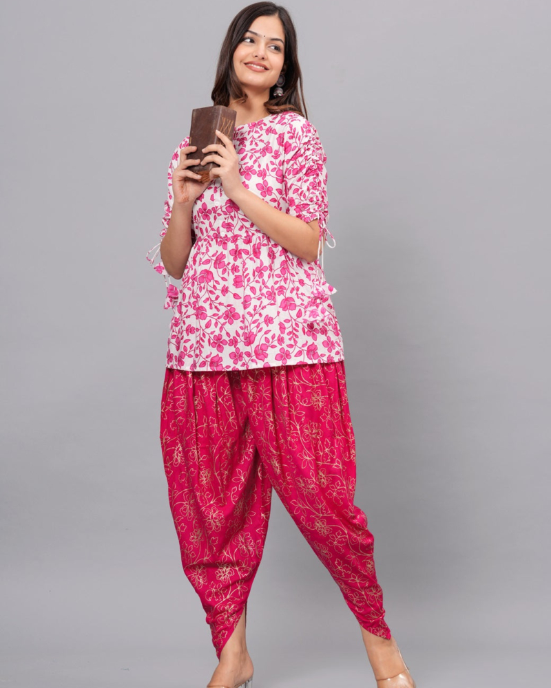 Pink Mandarin Collar Pure Cotton Women's Ethnic Printed Party Wear Kurta and Dhoti Pant Set - Image 12