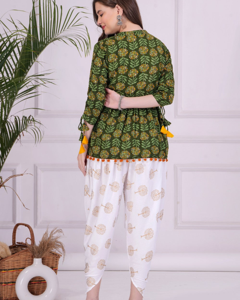 Green  Mandarin Coller Pure Cotton Womens Ethnic Printed Party Wear Kurta and Dhoti Pant Set - Image 2