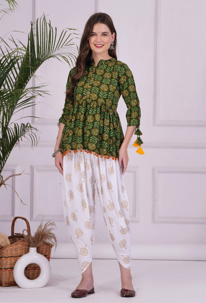 Green  Mandarin Coller Pure Cotton Womens Ethnic Printed Party Wear Kurta and Dhoti Pant Set