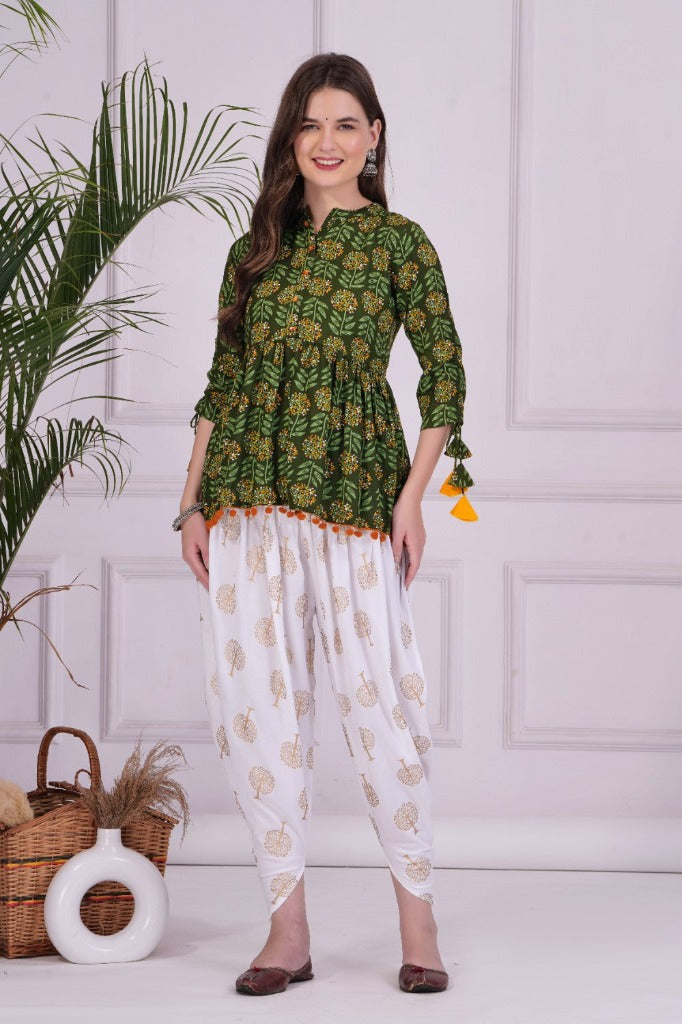 Green  Mandarin Coller Pure Cotton Womens Ethnic Printed Party Wear Kurta and Dhoti Pant Set