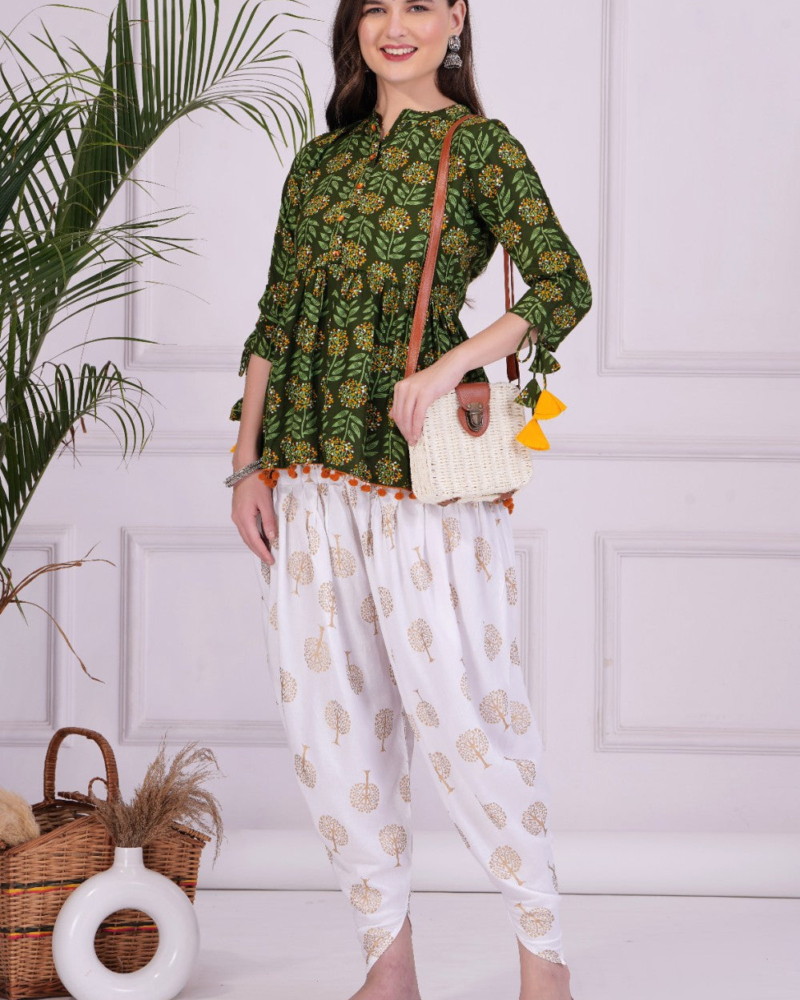 Green  Mandarin Coller Pure Cotton Womens Ethnic Printed Party Wear Kurta and Dhoti Pant Set - Image 5