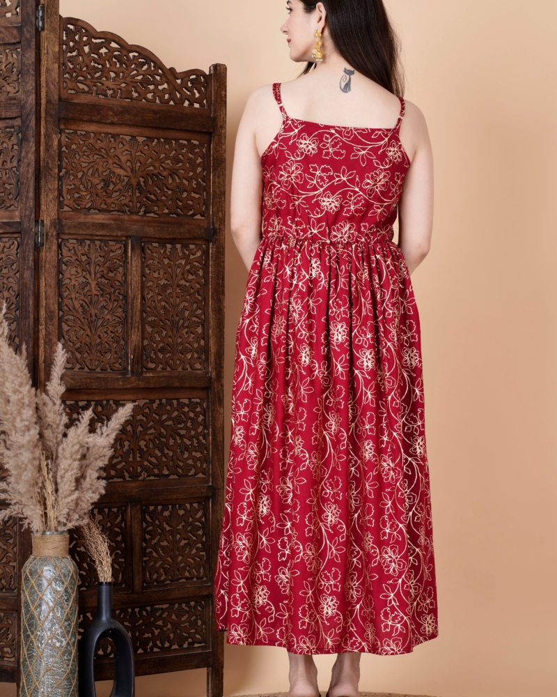 Rayon Round Designer Neck Sleeveless Long Floral Print Mexi Maroon Dress - Image 2