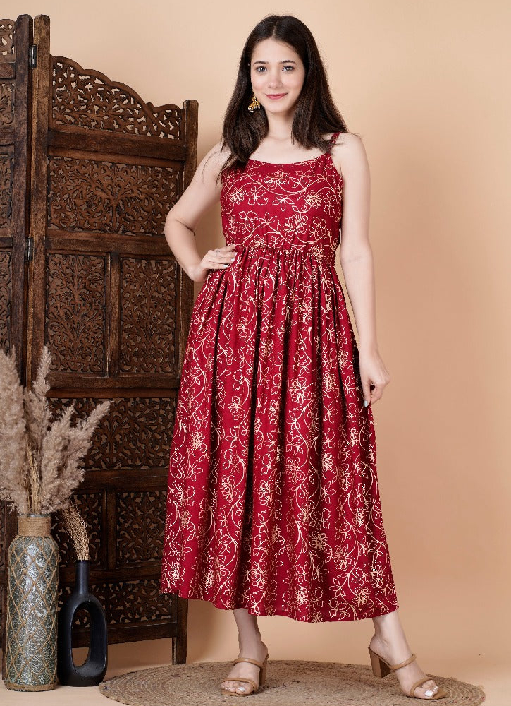 Rayon Round Designer Neck Sleeveless Long Floral Print Mexi Maroon Dress