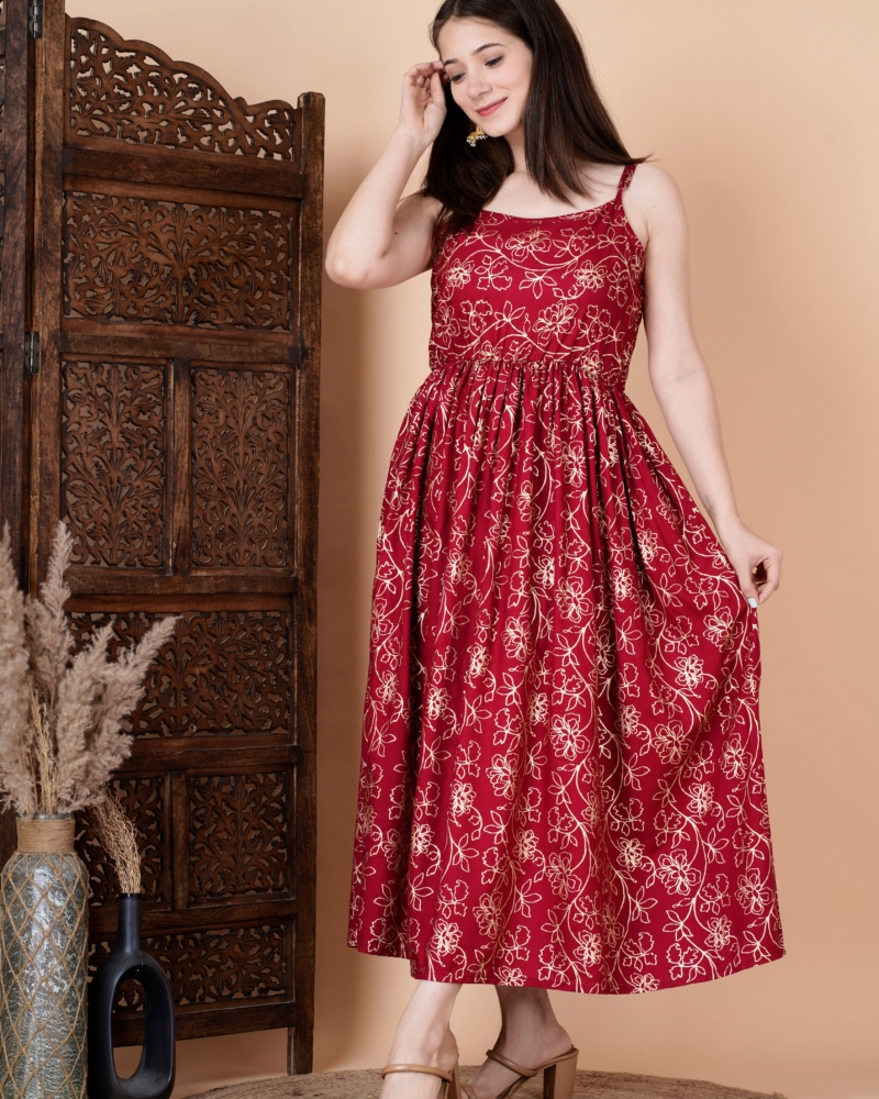 Rayon Round Designer Neck Sleeveless Long Floral Print Mexi Maroon Dress - Image 5